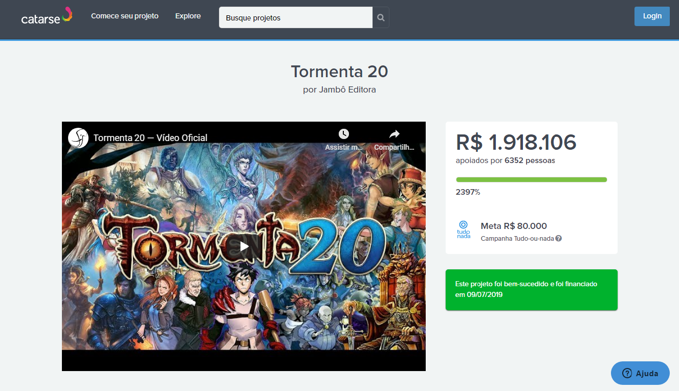 Página da campanha de T20 no Catarse com a marca história de R$ 1,9 milhão captados